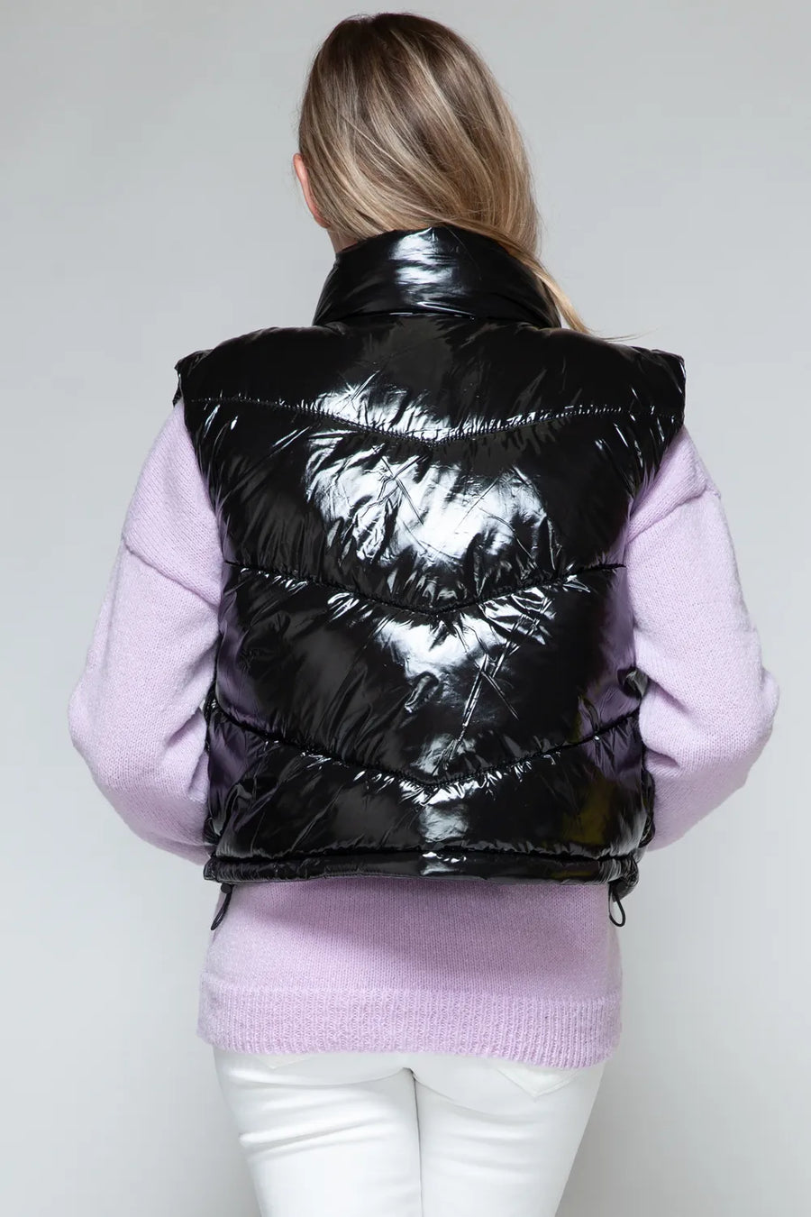 Paris Rosetti — Snobbish Zip Up Turtleneck Shiny Quilted Vest Black Sweater or Cardigan, alternate view 2