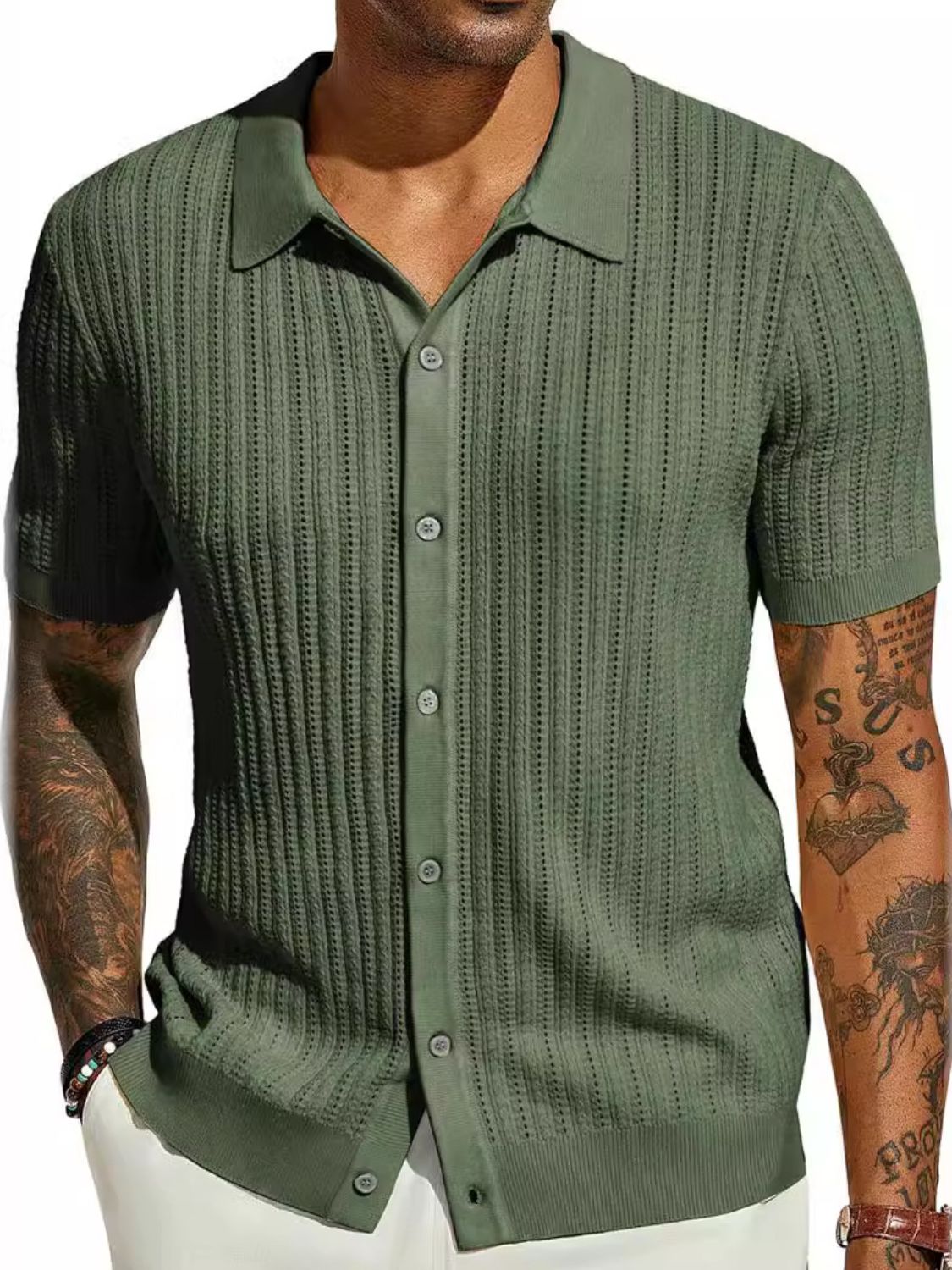 Yves — Men's Full Size Openwork Button Down Collared Neck Shirt Plus Size, alternate view 6