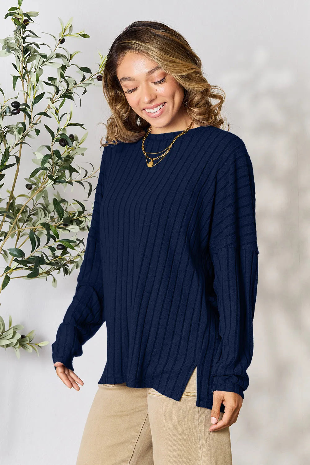 Vale Delacroix — Basic Bae Full Size Ribbed Round Neck Slit Knit Top, alternate view 15