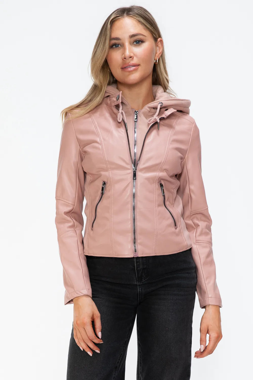 Rain Rosetti — Snobbish Faux Leather Zip Up Drawstring Hooded Jacket, alternate view 31