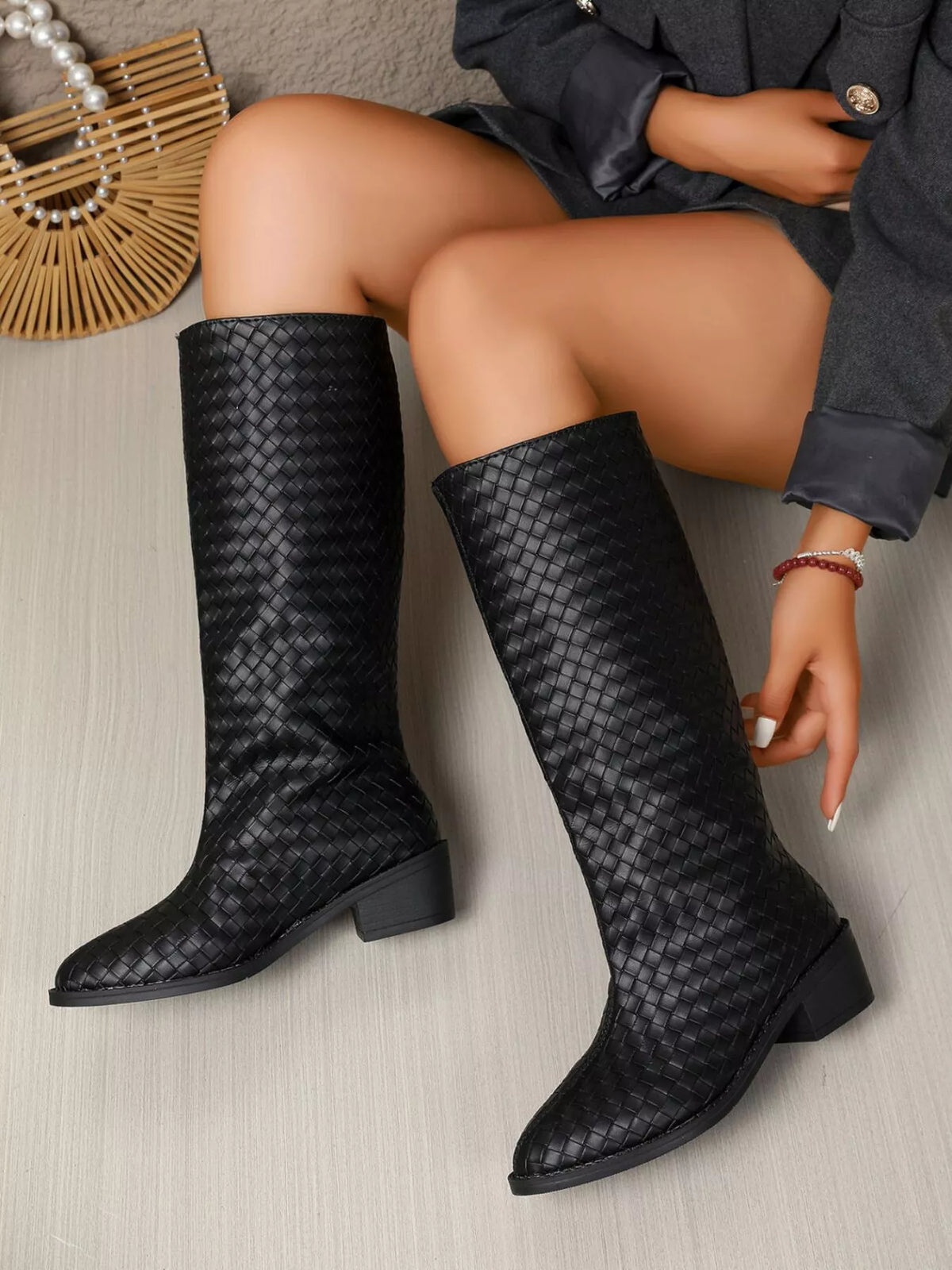 Zephyr Marino — Woven Textured Block Heels Boots Black Fashion Footwear, alternate view 7