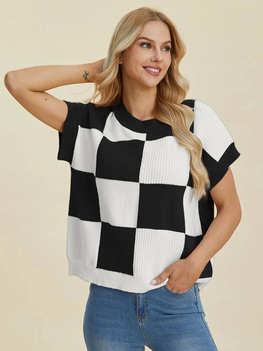 Cove Delacroix — Double Take Full Size Checkered Round Neck Short Sleeve Sweater