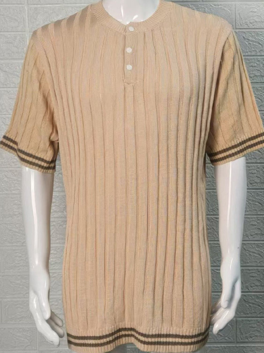 Men's Plus Size Ribbed Quarter Button Round Neck Striped Trim Polo - Opulent Empire