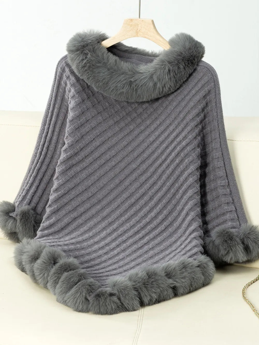 Reese Versailles — Fuzzy Trim Texture Three-Quarter Sleeve Poncho, alternate view 10