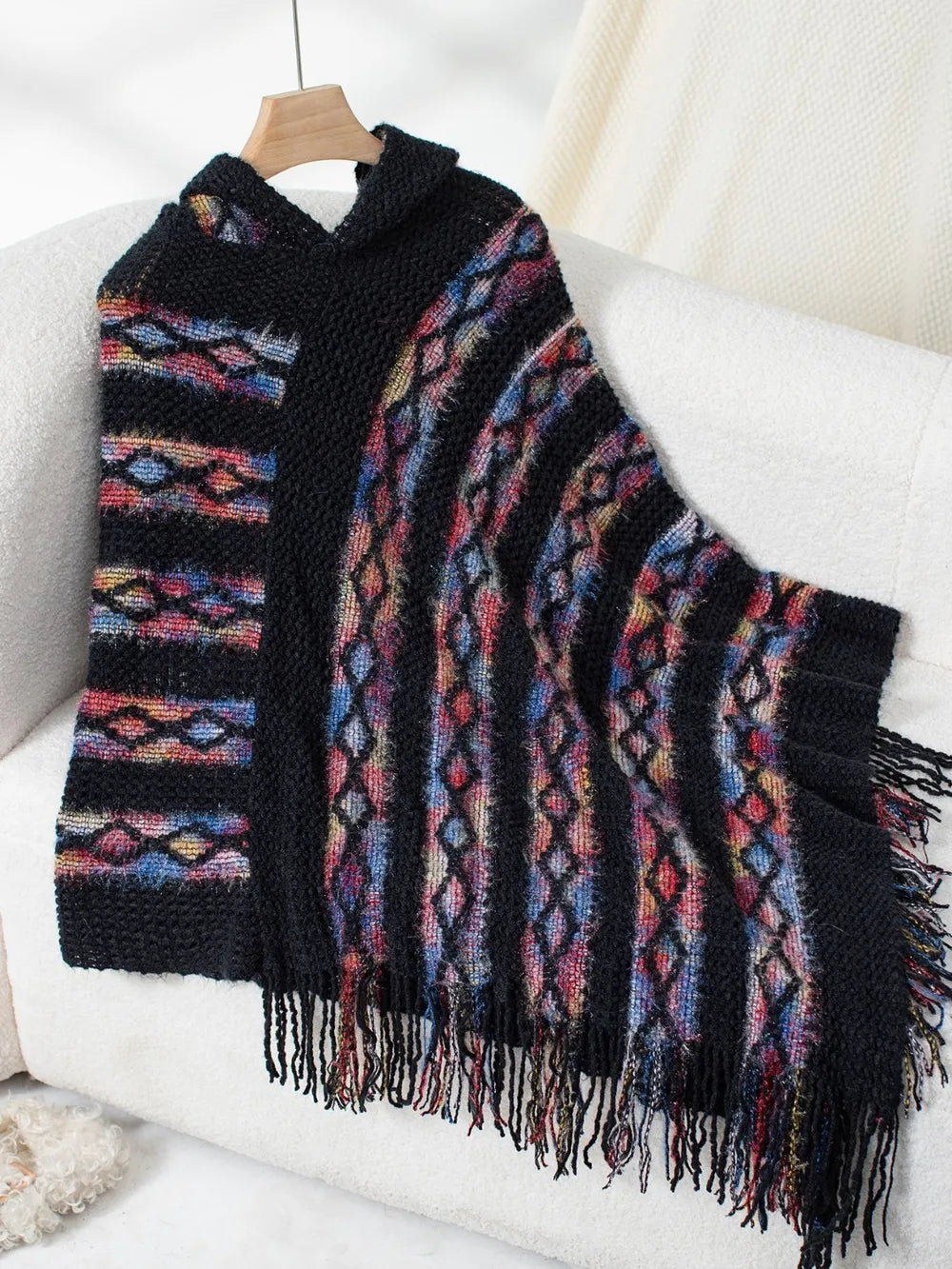 Aster Versailles — Fringe Contrast Hooded Poncho, alternate view 11