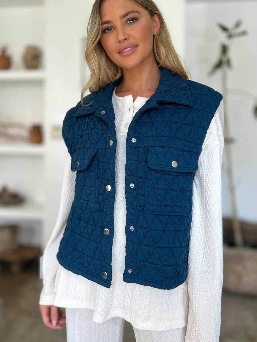 Double Take Full Size Pocketed Texture Snap Down Vest Coat