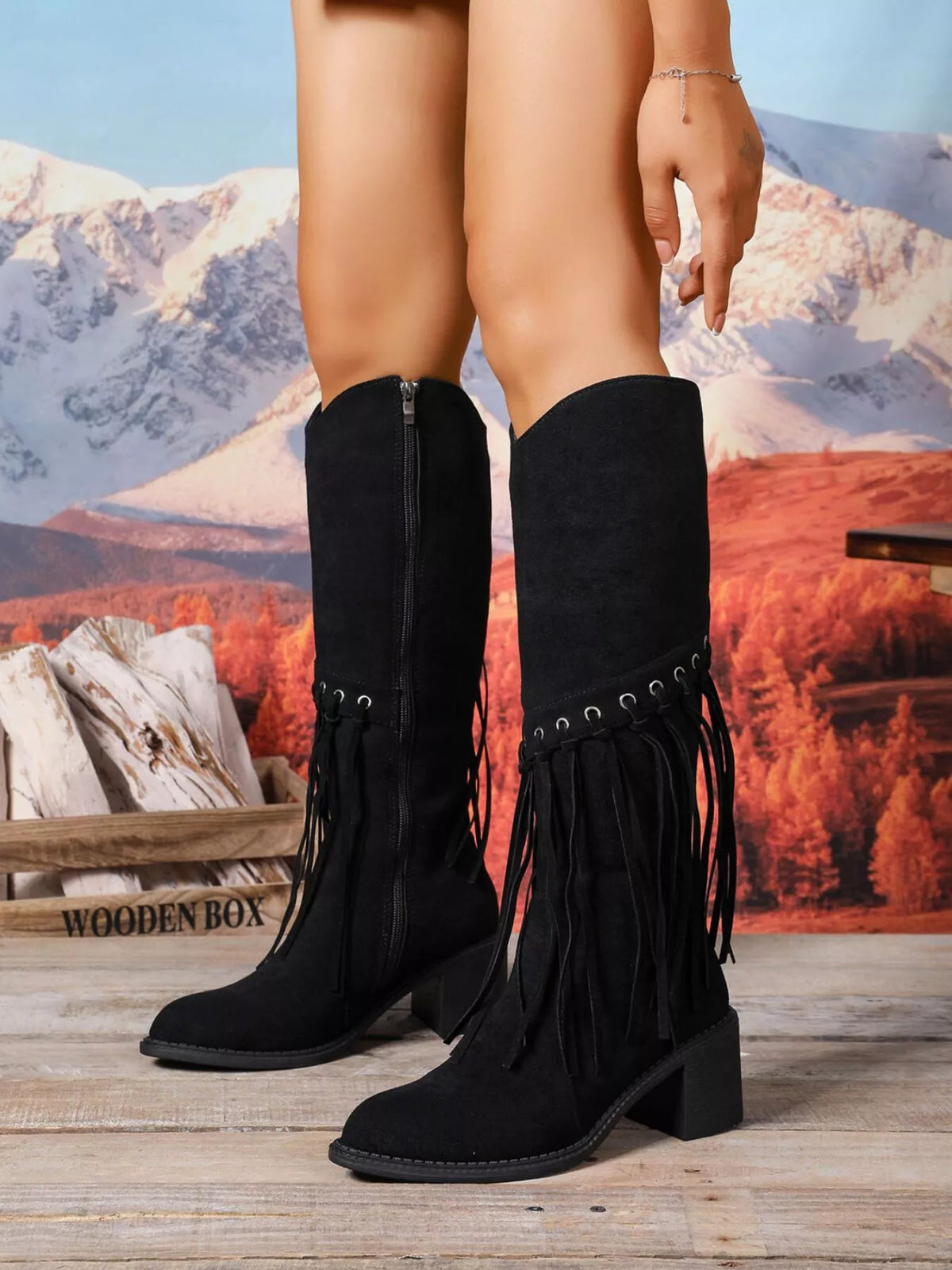 Dove Bellini — Fringe Point Toe Block Heels Boots Fashion Footwear