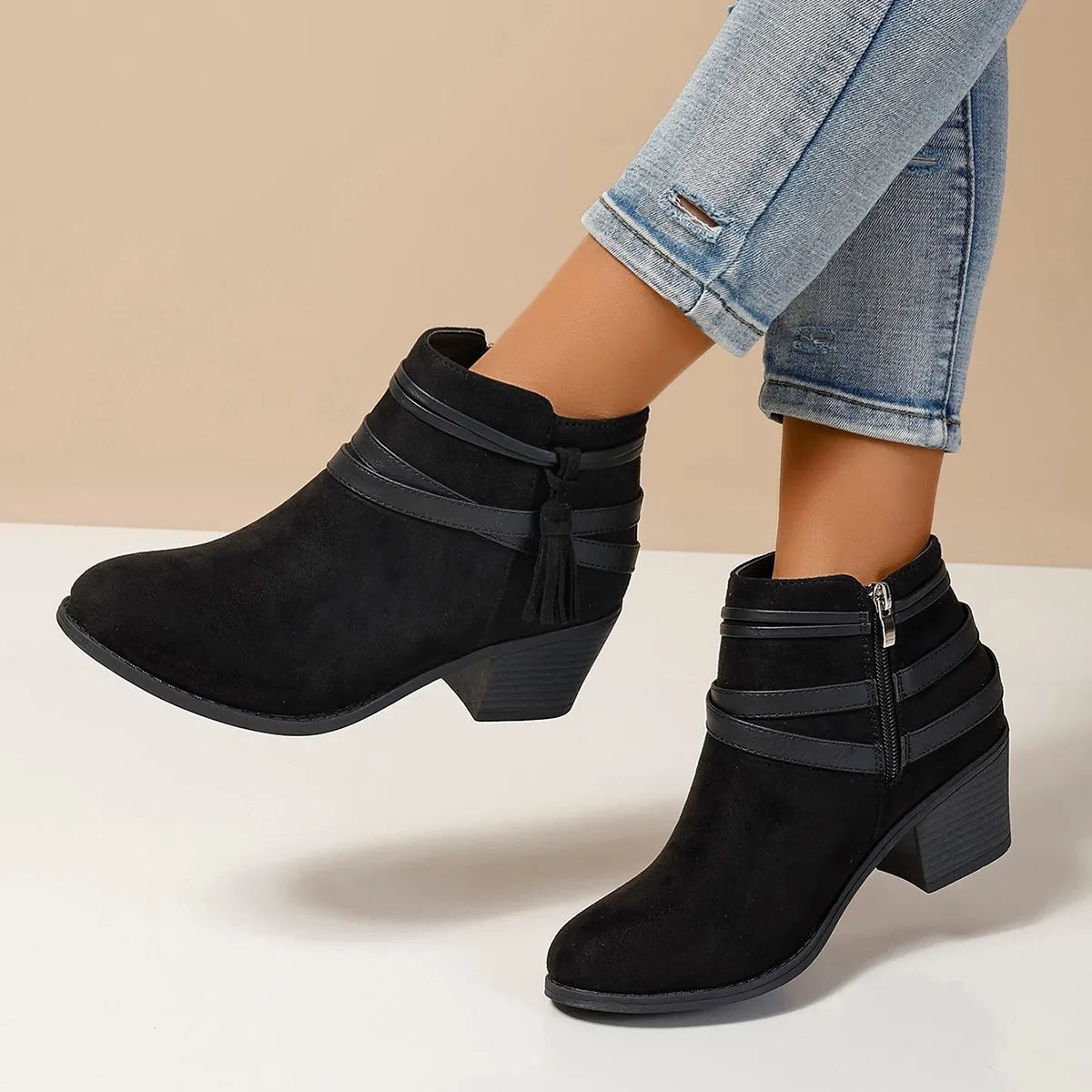 Monroe Venturi — Tassel Point Toe Block Heels Boots Fashion Footwear, alternate view 4