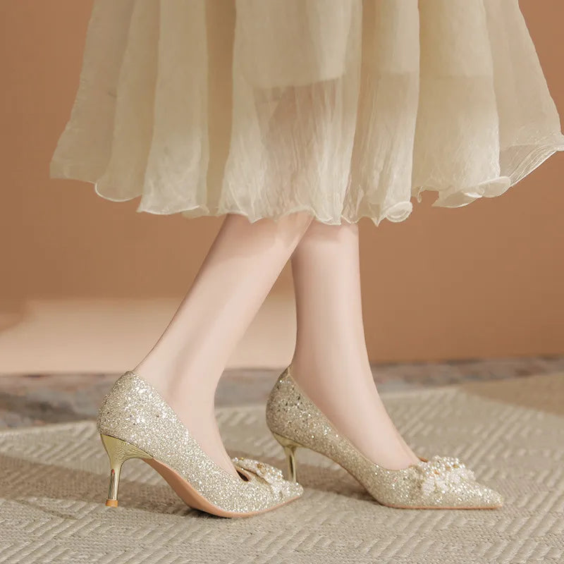 Blaise Sorrento — Pearl Detail Point Toe Pumps Gold Fashion Footwear, alternate view 3