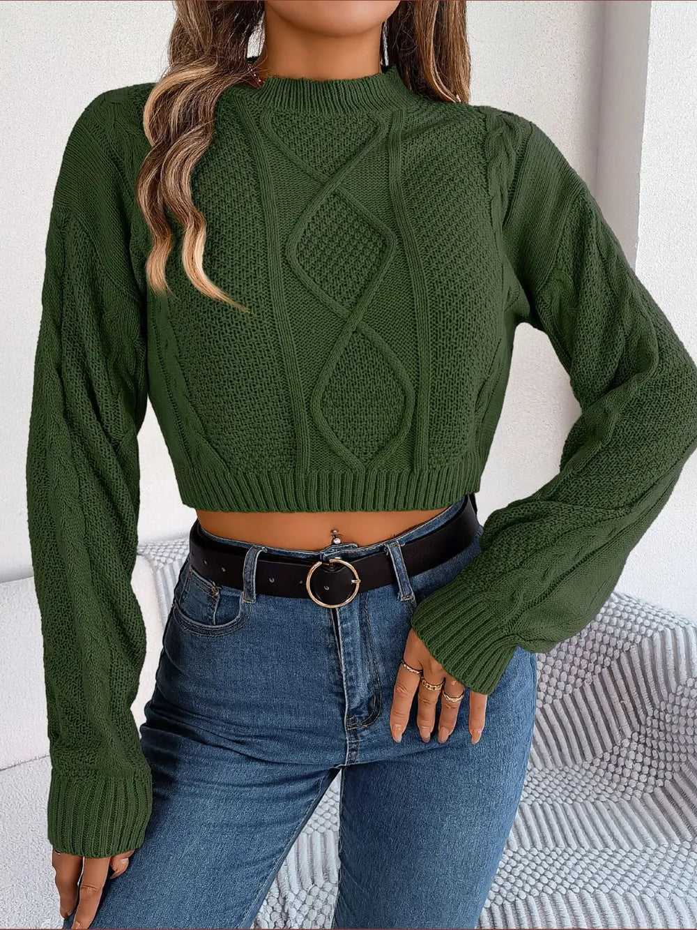 Paris Moreau — Cable-Knit Round Neck Cropped Sweater, alternate view 9