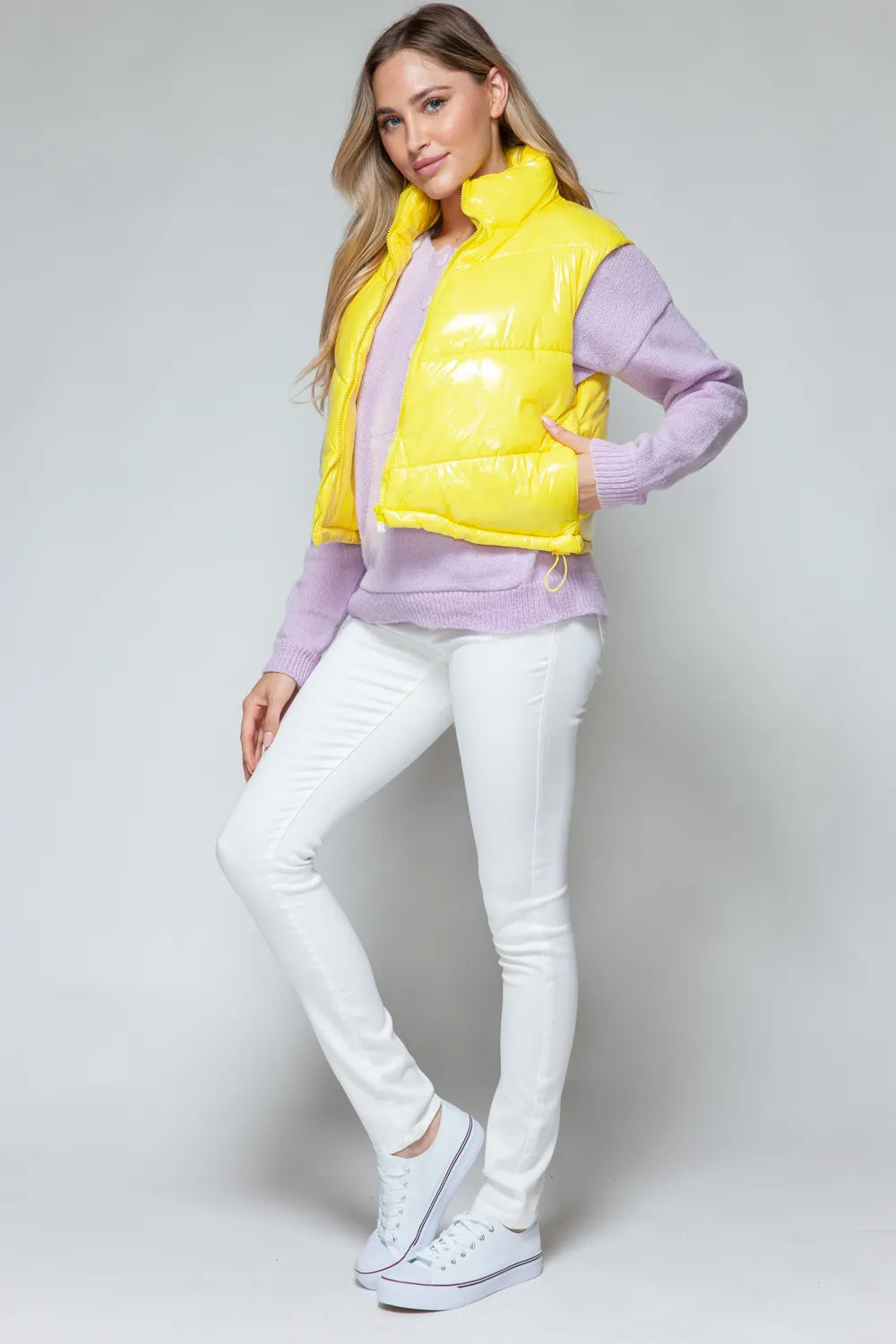 Darcy Rosetti — Snobbish Zip Up Turtleneck Shiny Quilted Vest Yellow Sweater or Cardigan, alternate view 7