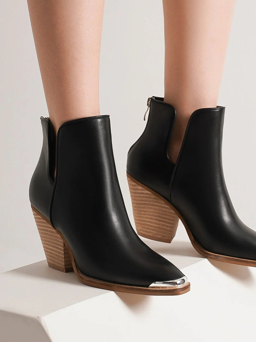 Beast Fashion Pointed Metal-Tip Toe Block Heel Ankle Boots - Opulent Empire
