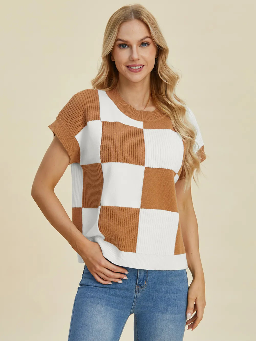 Cove Delacroix — Double Take Full Size Checkered Round Neck Short Sleeve Sweater, alternate view 13