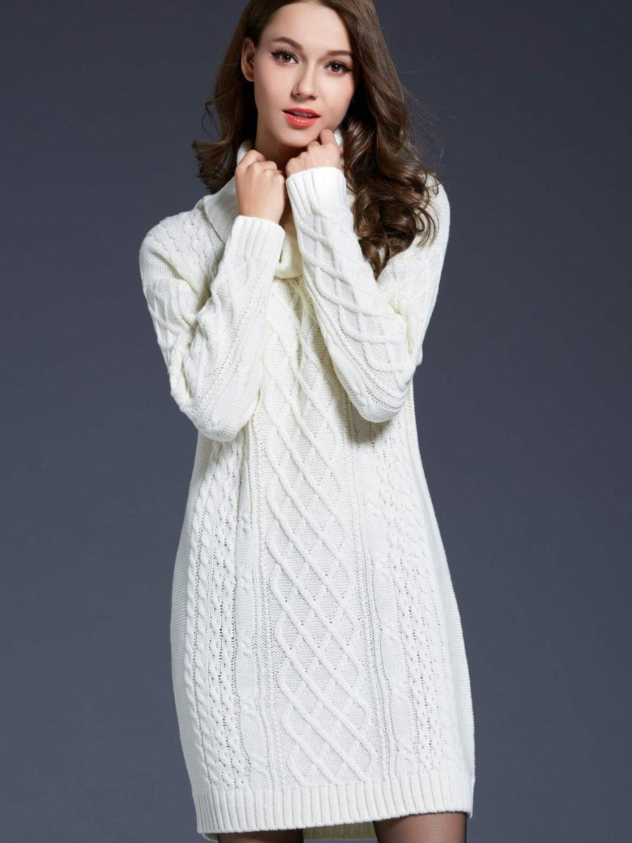 Woven Right Full Size Mixed Knit Cowl Neck Dropped Shoulder Sweater Dress