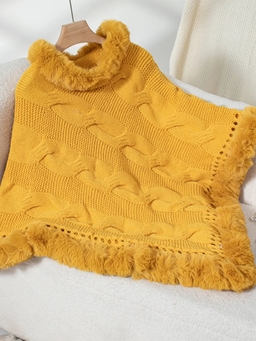 Cove Versailles — Fuzzy Hem Cable-Knit Poncho, alternate view 6