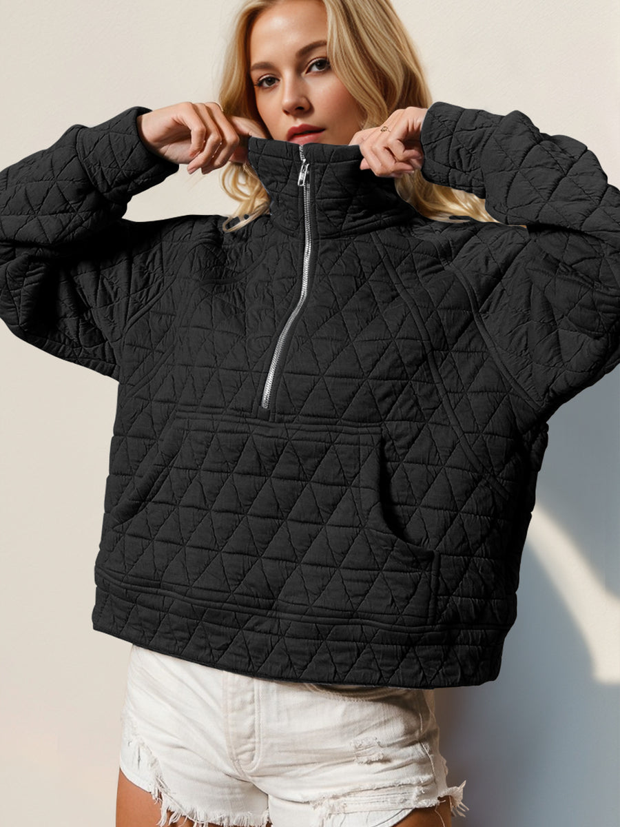 Double Take Half Zip Long Sleeve Quilted Sweatshirt with Pocket