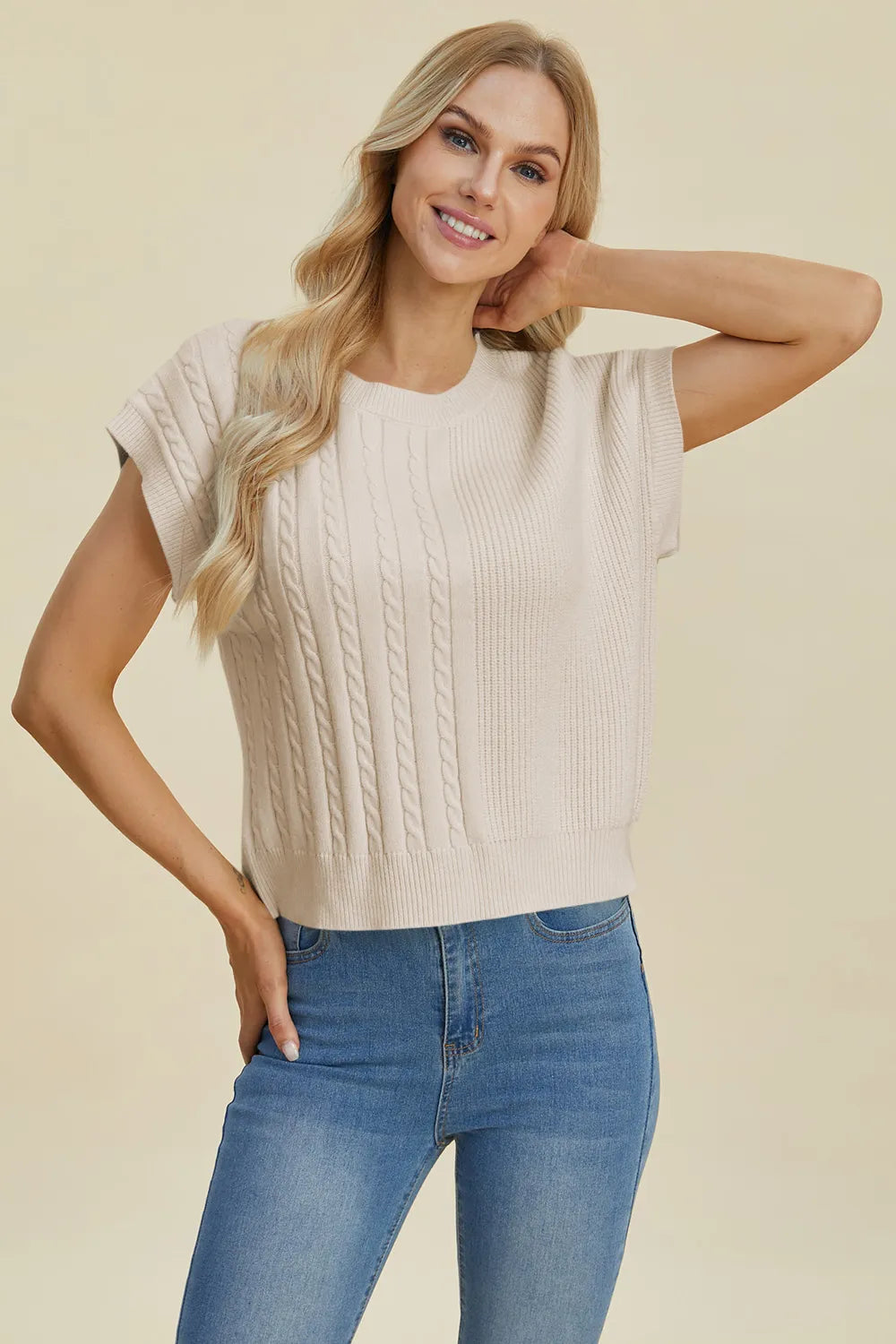 Quinn Fontaine — Double Take Full Size Cable-Knit Round Neck Short Sleeve Sweater, alternate view 3