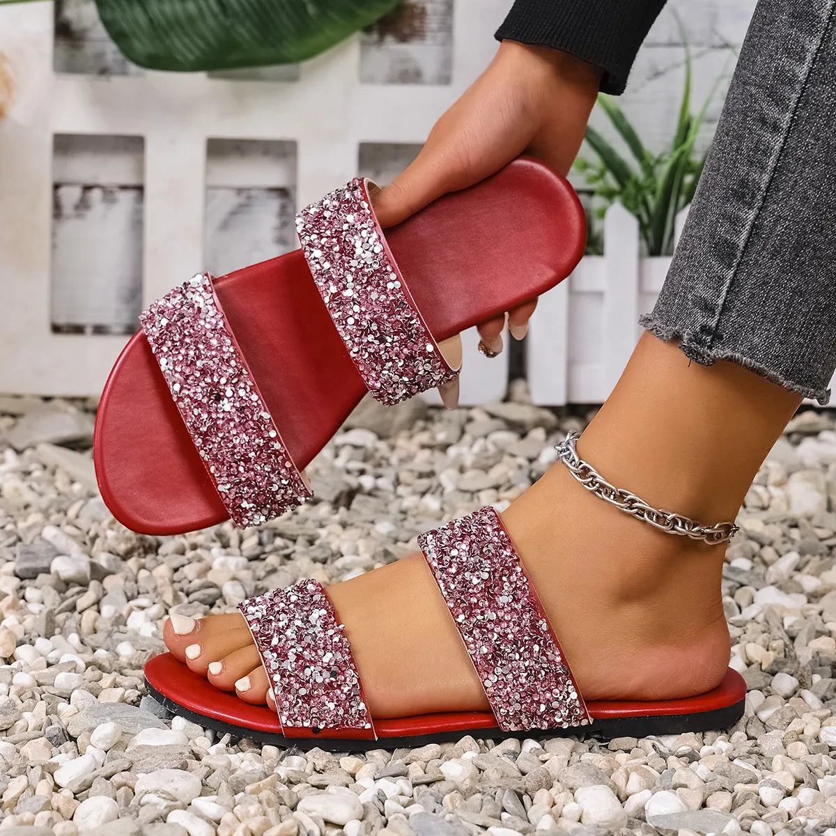 Harbor Marino — Sequin Open Toe Flats Sandals Fashion Footwear, alternate view 6