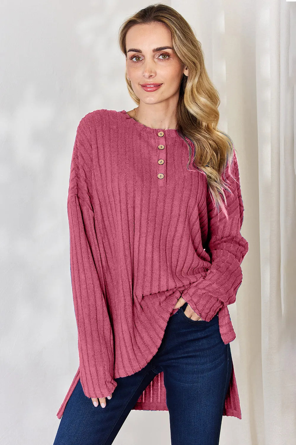 Noa Rousseau — Basic Bae Full Size Ribbed Half Button Long Sleeve High-Low T-Shirt, alternate view 16