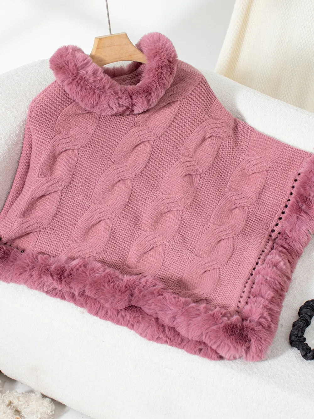 Cove Versailles — Fuzzy Hem Cable-Knit Poncho, alternate view 9