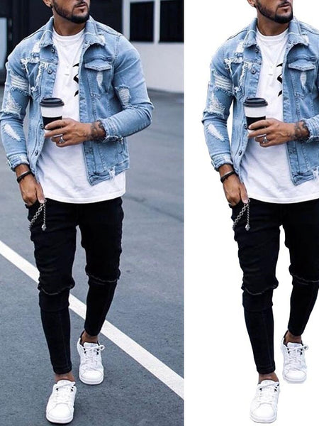 Lapel Men's Denim Jacket Ripped Irregular Washed Jacket