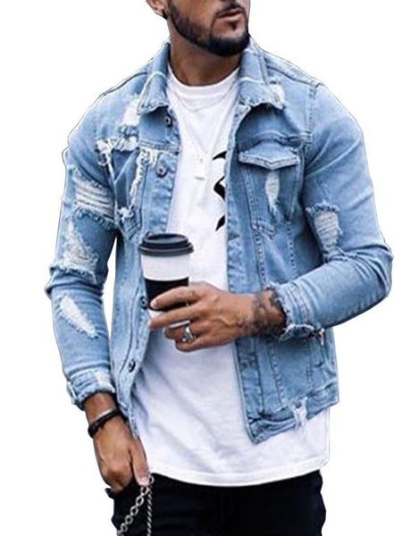 Lapel Men's Denim Jacket Ripped Irregular Washed Jacket