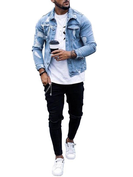 Lapel Men's Denim Jacket Ripped Irregular Washed Jacket