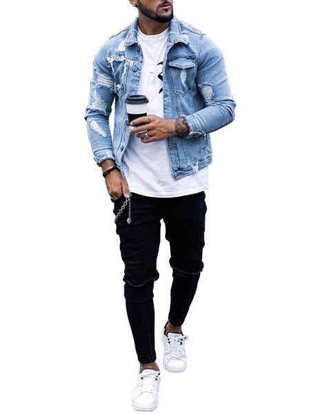 Lapel Men's Denim Jacket Ripped Irregular Washed Jacket