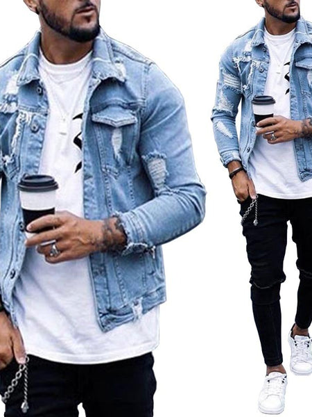 Lapel Men's Denim Jacket Ripped Irregular Washed Jacket