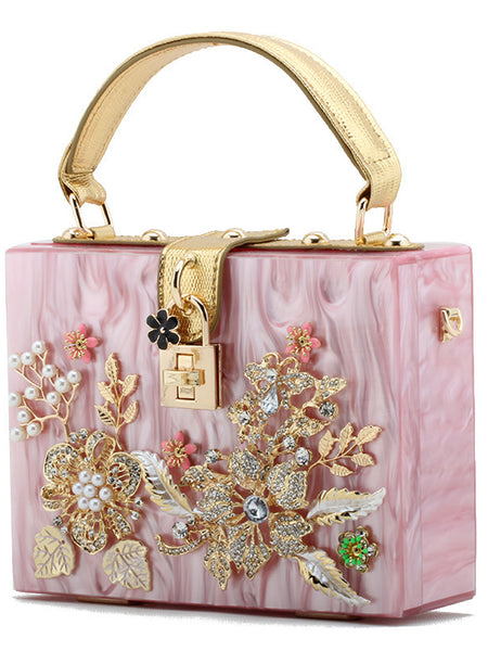 Lock Box Wrapped With Diamonds And Flowers Acrylic Small Square Shoulder Bag