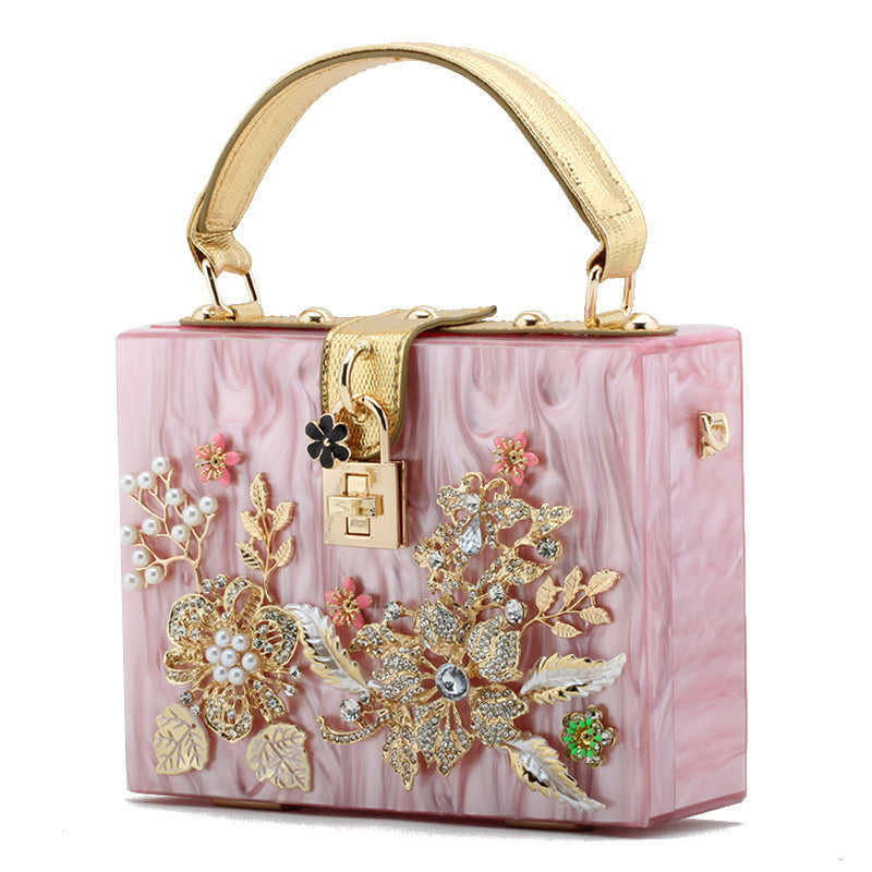 Lock Box Wrapped With Diamonds And Flowers Acrylic Small Square Shoulder Bag