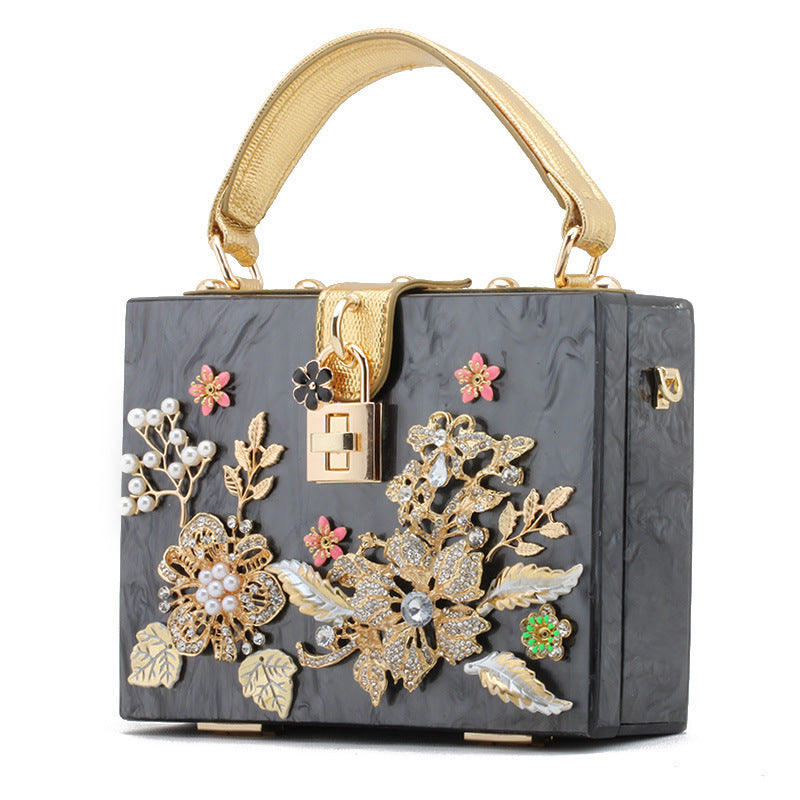 Lock Box Wrapped With Diamonds And Flowers Acrylic Small Square Shoulder Bag