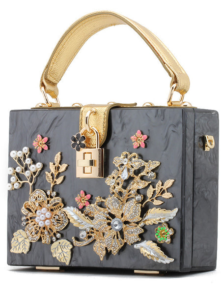 Lock Box Wrapped With Diamonds And Flowers Acrylic Small Square Shoulder Bag