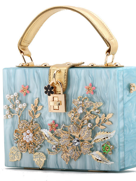 Lock Box Wrapped With Diamonds And Flowers Acrylic Small Square Shoulder Bag