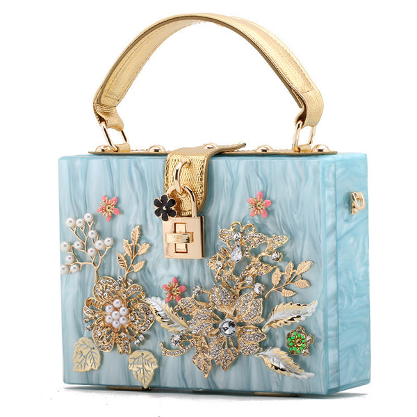 Lock Box Wrapped With Diamonds And Flowers Acrylic Small Square Shoulder Bag