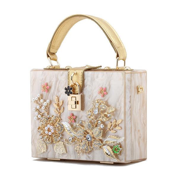 Lock Box Wrapped With Diamonds And Flowers Acrylic Small Square Shoulder Bag