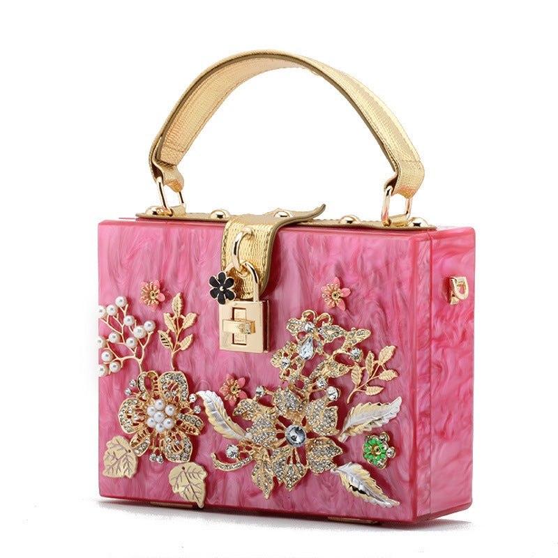 Lock Box Wrapped With Diamonds And Flowers Acrylic Small Square Shoulder Bag