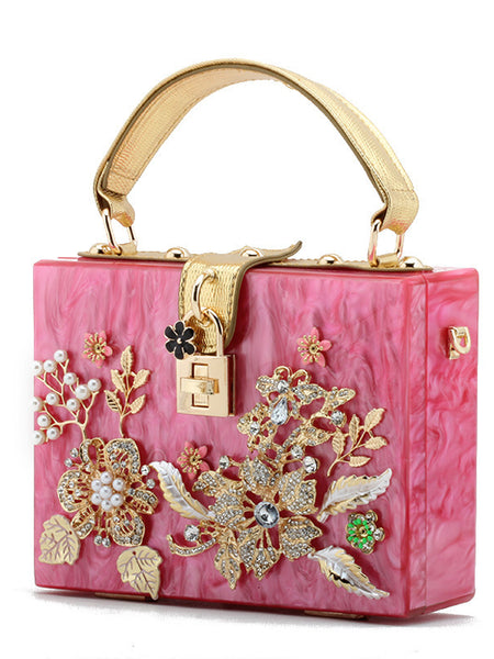 Lock Box Wrapped With Diamonds And Flowers Acrylic Small Square Shoulder Bag