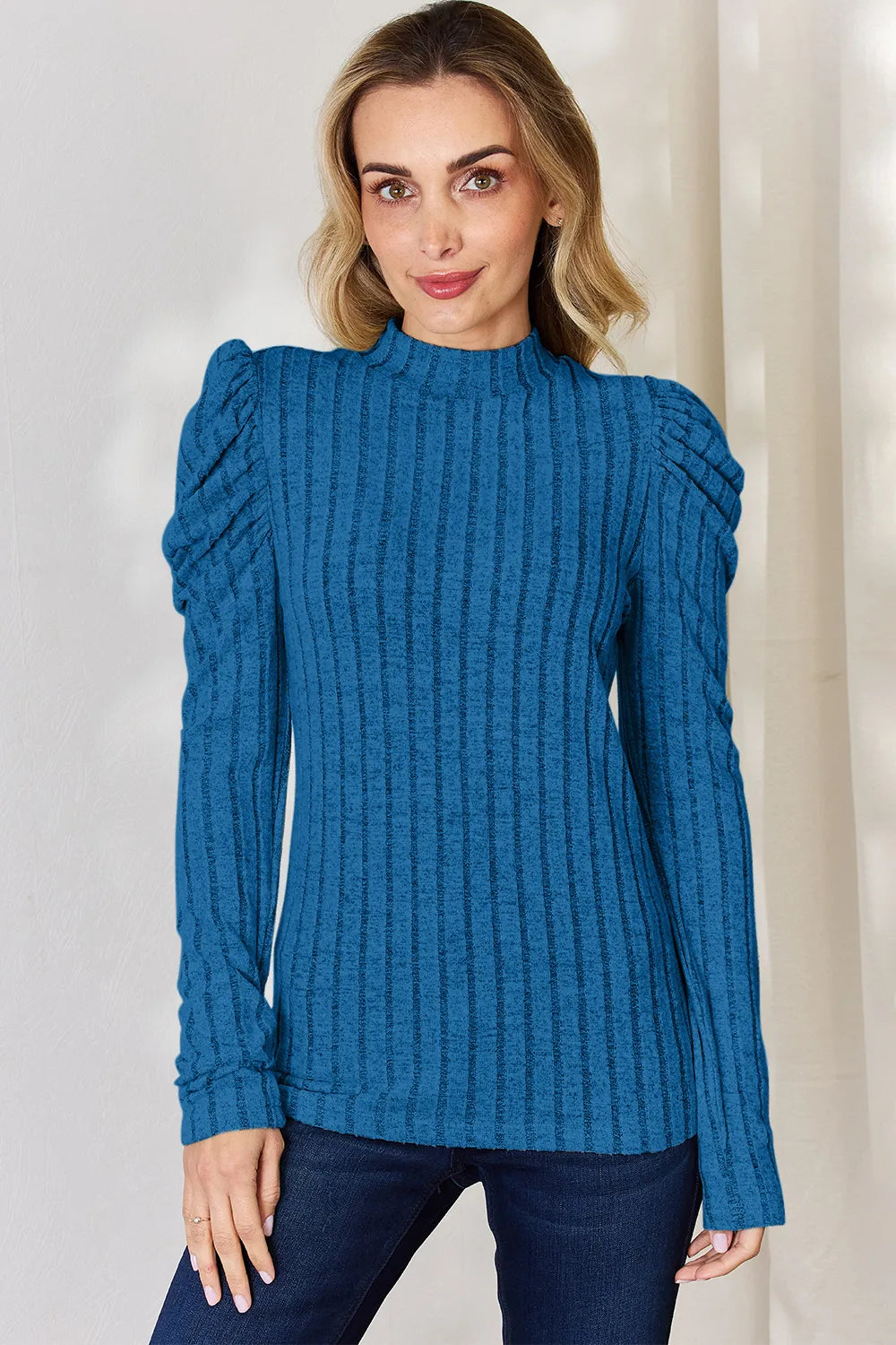 Ciel Delacroix — Basic Bae Full Size Ribbed Mock Neck Puff Sleeve T-Shirt, alternate view 8