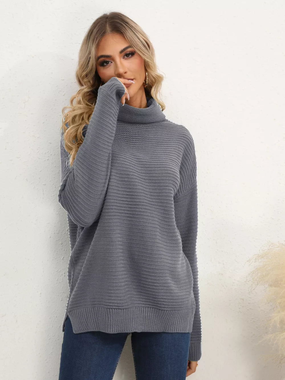 Monroe Fontaine — Slit Turtleneck Dropped Shoulder Sweater, alternate view 21