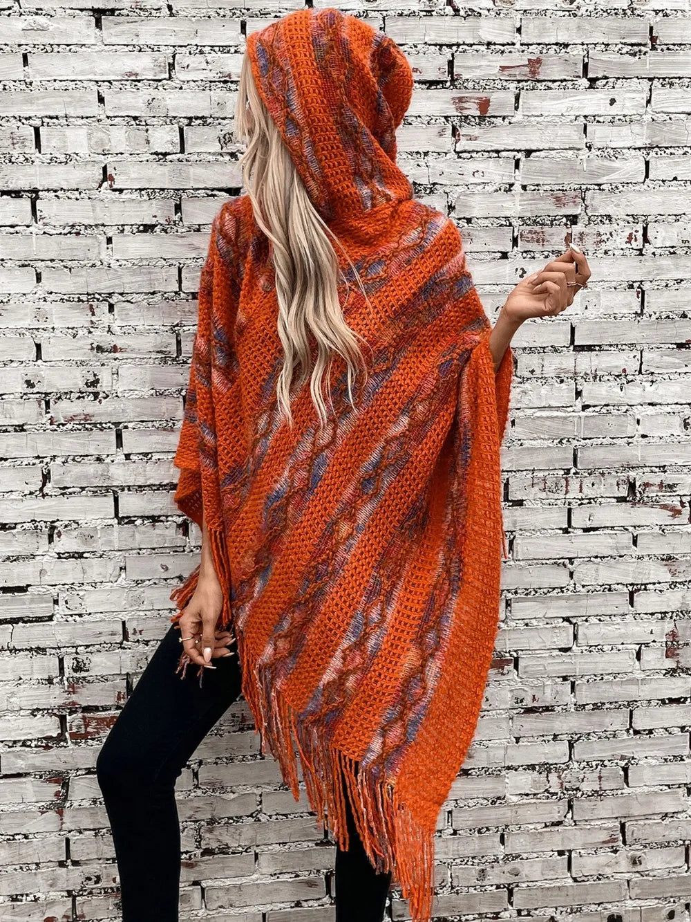 Aster Versailles — Fringe Contrast Hooded Poncho, alternate view 4