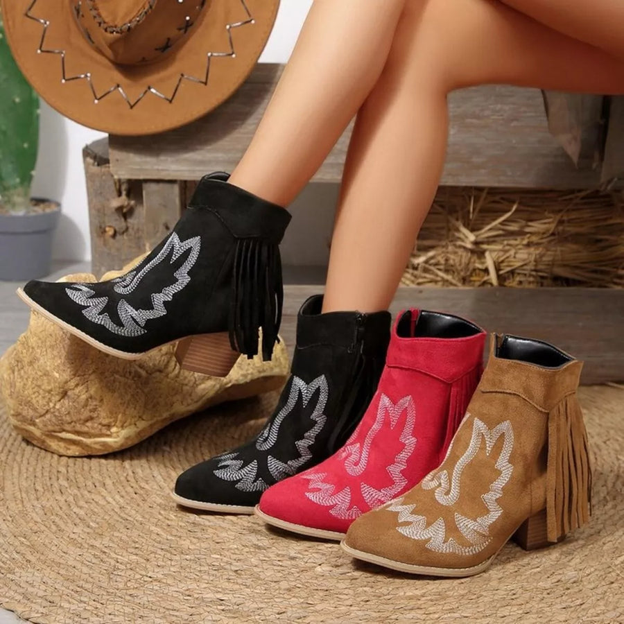 True Rosetti — Fringe Point Toe Block Heels Boots Fashion Footwear