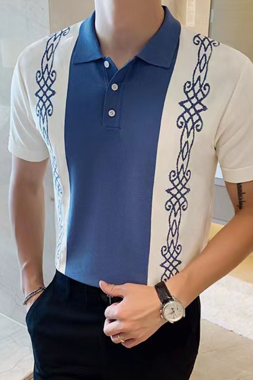 Leander Beaumont — Men's Plus Size Button Detail Short Sleeve Polo Dusty Blue Men's Tailored Shorts, alternate view 5