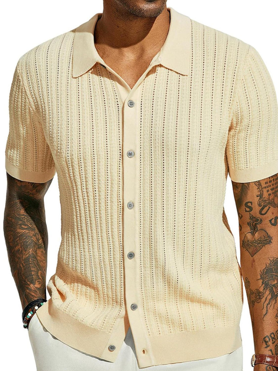 Yves — Men's Full Size Openwork Button Down Collared Neck Shirt Plus Size