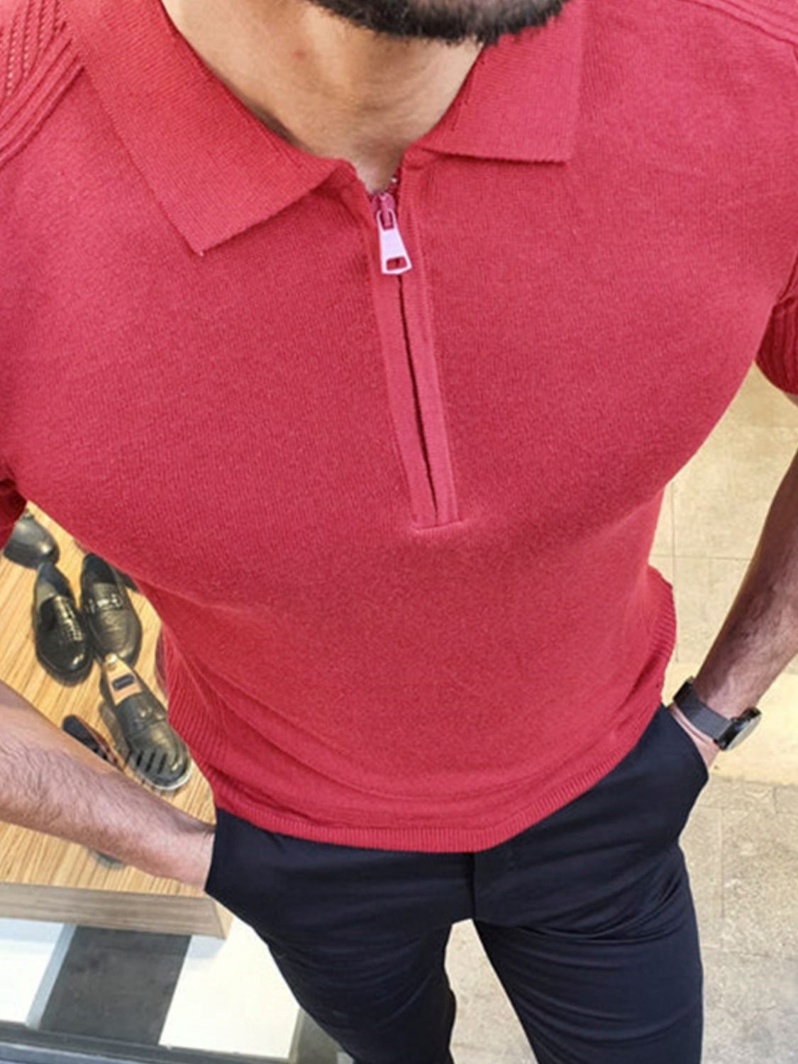 Romain — Men's Collared Neck Quarter Zip Knit Polo, alternate view 3