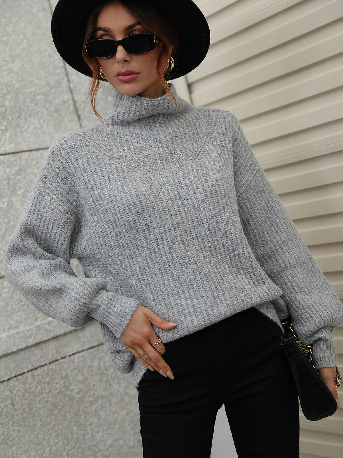Perrin Moreau — Woven Right High Neck Balloon Sleeve Rib-Knit Pullover Sweater, alternate view 17