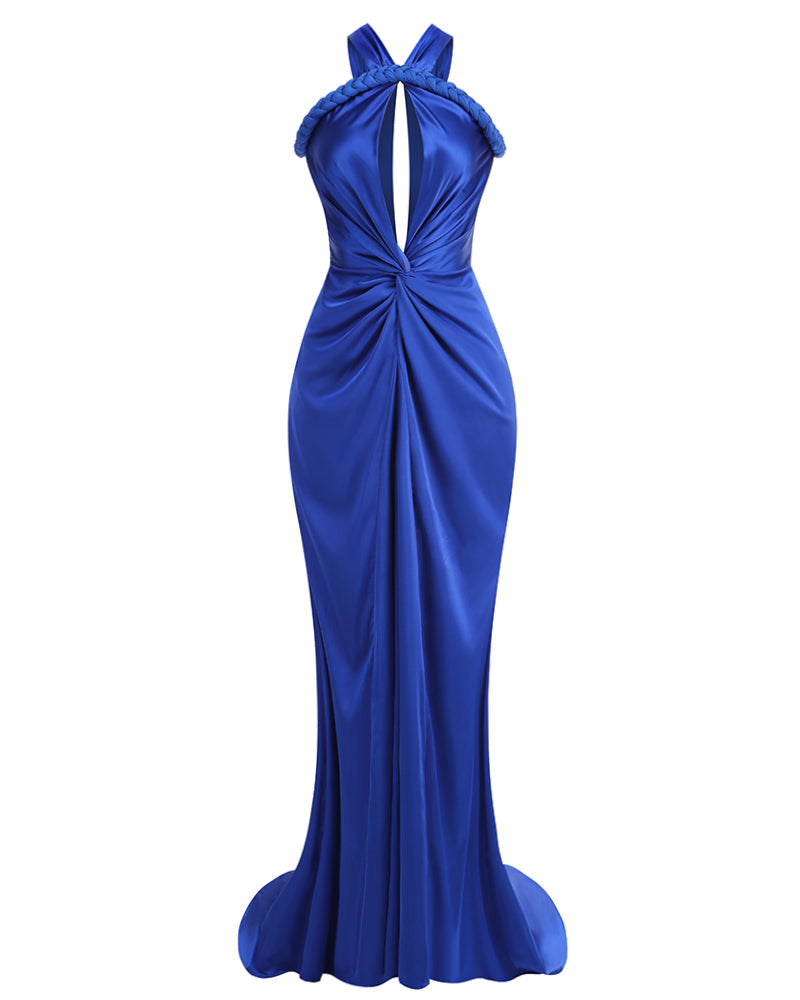 Glamorous Evening Dress with Satin Halter Neck and Elegant Braid Details