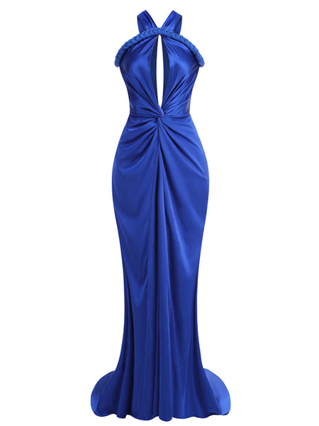 Glamorous Evening Dress with Satin Halter Neck and Elegant Braid Details