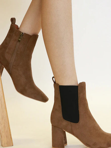 Beast Fashion Faux Suede Block Heel Chelsea Boots with Elastic Side Panel - Opulent Empire