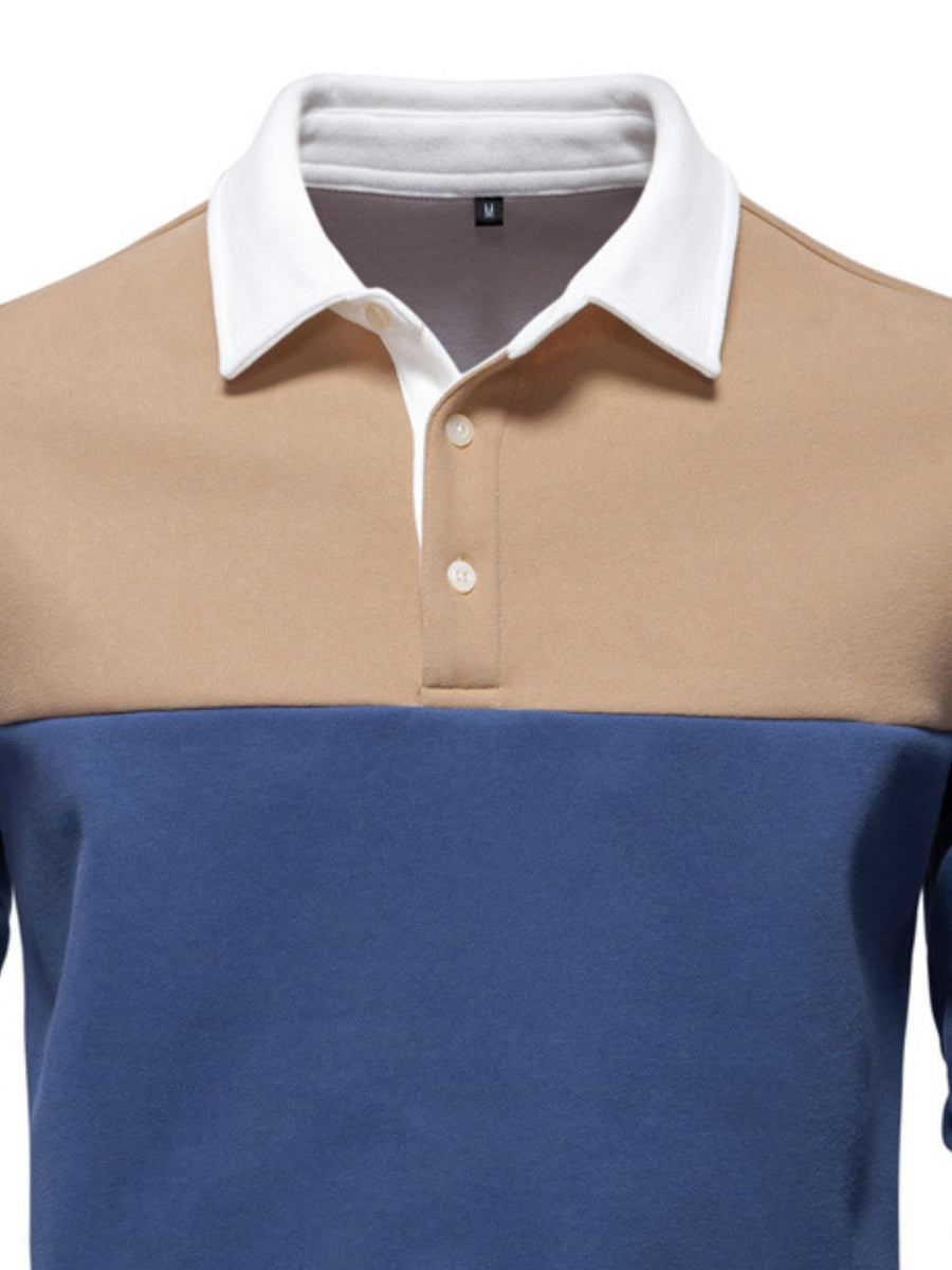 Men's Collared Neck Contrast Long Sleeve Polo - Opulent Empire